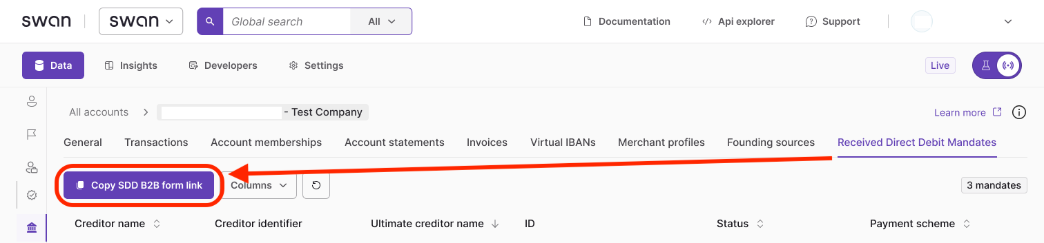 Screenshot of the B2B mandate registration page